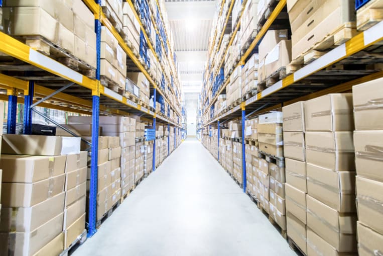warehouse with large boxes filling shelves