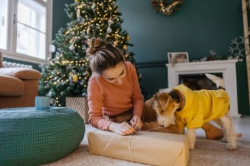 Young woman wraps a present while laying in front of a Christmas tree with her terrier. 