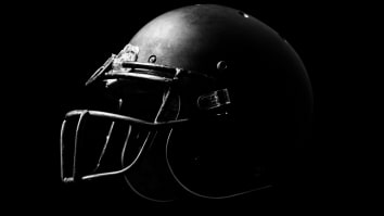 Black and white photo of football helmet