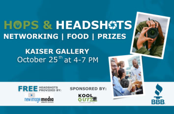 Hops and headshots digital graphic containing photos, the date and time of the event, the sponsor and the business providing free headshots