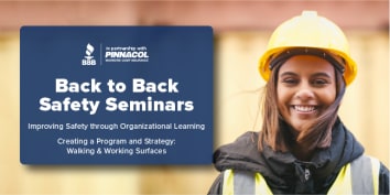 Woman Smiling in hard hat and safety vest with title Back to Back Safety Seminars