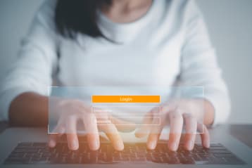 Woman using access window to log in entering password on laptop, Sign up username password Enter log in, Cyber protection, Information privacy. Protection Internet and technology Concept.