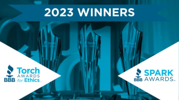 Graphic image with a blue background depicting the 2023 winners of the BBB Torch and BBB Spark Awards