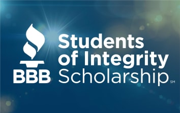 Image of the BBB Students of Integrity Scholarship logo with a colorful blue background
