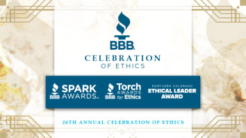The BBB Logo and words “Celebration of Ethics” on a white background with the logos for the Spark Awards, Torch Awards, and Northern Colorado Ethical Leader Award below on a blue background with gold trim on the sides.