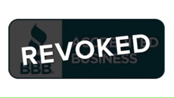 BBB Accreditation Logo dark overlay with the word revoked 