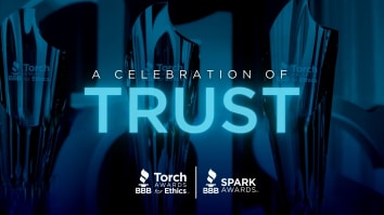 Blue graphic showing awards in the background. The text reads, "A celebration of trust."