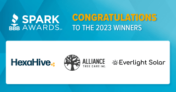 Blue and white graphic with BBB Spark Awards logo with text "Congratulations to the 2023 Winners" with the three company logos