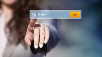 A person's hand reaching out to touch a floating internet search bar which reads "Find job."