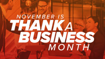 people shaking hands orange background thank a business month in bold white text