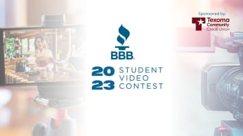A phone recording video from a stand and an Electronic Field Production camera. The BBB logo is shown with the words 2023 Student Video Contest.
