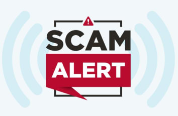Black, red and light blue scam alert graphic with warning sign.