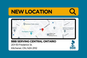 Map view of BBB Central Ontario's new location. Yellow box with the words "new location" written at the top. "BBB Central Ontario; 201-151 Frederick St. Kitchener, ON, N2H 2M2" written at the bottom beside blue BBB torch logo.