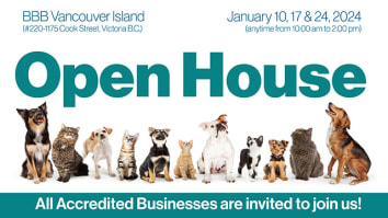 Cute dogs and cats looking at Open House sign
