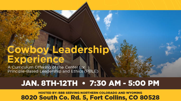 Text advertising the Cowboy Leadership Experience at the BBB offices in Fort Collins over a background of the UW College of Business