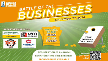 2024 BBB Battle of the Businesses Cornhole Tournament information on orange and green background with BBB logo in upper left corner, event sponsors in lower left corner, and event information at lower center. 