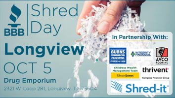 BBB October Shred Day image on light blue background with BBB logo in upper left corner, information at left, and sponsor logos at right