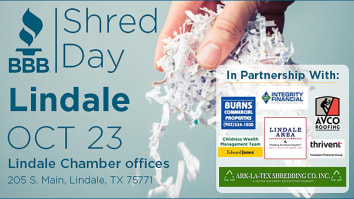 BBB October Shred Day image on light blue background with BBB logo in upper left corner, information at left, and sponsor logos at right