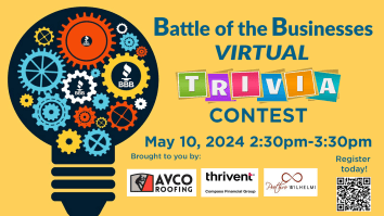 Image for BBB Battle if the Businesses Virtual Trivia Contest on May 10, 2024 from 2:30 pm to 3:30 pm on a mustard yellow background with a stylized light bulb image containing multicolored gears on the left side, event information on the right side, and event sponsors at the bottom.