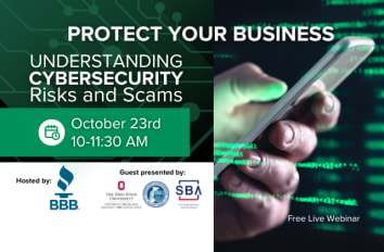 Protect Your Business by understanding cybersecurity risks and scams webinar social media graphic