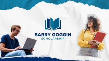 On the left, one sitting on a laptop. On the right, another student standing, smiling looking off to the left. The text in the center reads, "Barry Goggin Scholarship."