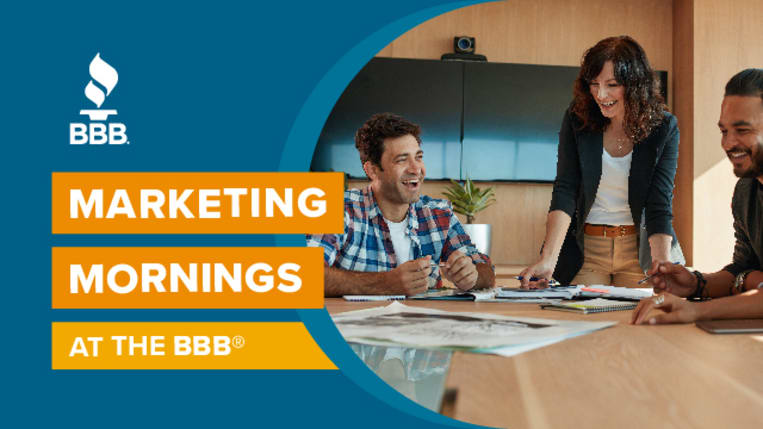 Marketing Mornings at the BBB attract business leaders from a wide range of disciplines to brainstorm how they can improve local marketing efforts. Image shows three employees gathered at a table in enthusiastic conversation.