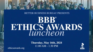 Blue graphic with group of people in the background promoting the BBB Ethics Awards Luncheon