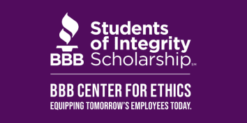 White BBB Students of Integrity Scholarship logo and BBB Center for Ethics logo on purple background