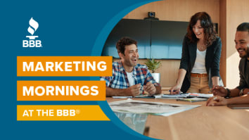 Marketing Mornings at the BBB attract business leaders from a wide range of disciplines to brainstorm how they can improve local marketing efforts. Image shows three employees gathered at a table in enthusiastic conversation.