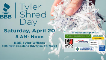 Better Business Bureau of Central East Texas Tyler shred day 2024 shred day announcement on a light blue background with event time and date in the center, BBB logo in the upper Left corner, sponsor logos in the lower right corner, and an image of a right hand holding shredded paper in the background.