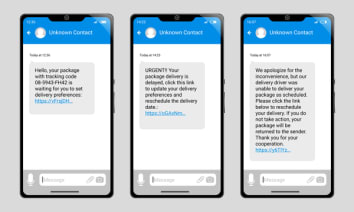 Set of three phones displaying scam package delivery text messages