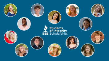 Image of smiling student scholarship recipients with a blue background.