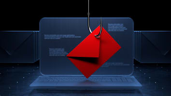 A red envelope dangles on a fishing hook in front of a computer screen, symbolizing a phishing email.