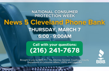 National Consumer Protection Week graphic mentioning News 5 Cleveland Phone Bank on March 7th from 6-9am