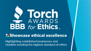 Torch Awards for Ethics logo on blue background with copy "Showcase ethical excellence. Highlighting established businesses and charities meeting the highest standard of ethics"