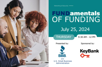 Business photo of two women and a man discussing something related to work. FUNDamentals of Funding event flyer. 