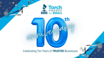 The graphic reads BBB Torch Awards for Ethics 10th Anniversary Celebrating Ten Years of Trusted Businesses