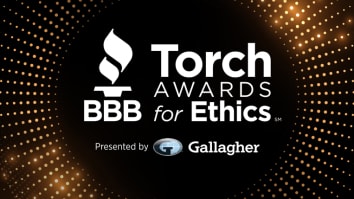 bbb torch awards logo in lights with presenting sponsor Gallagher logo