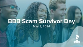 Image of happy smiling young people who have survived scams, with a blue overlay and text saying "BBB scam survivor day".