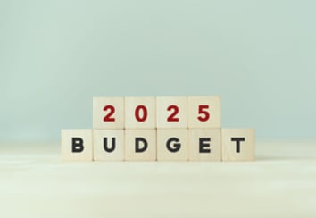 2025 Budget planning and allocation concept. Wooden cube with "BUDGET 2025" on smart grey  background, copy space. Use for banner and presentation. New year business project management concept.