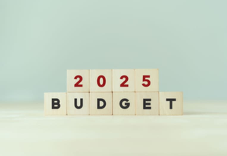 2025 Budget planning and allocation concept. Wooden cube with "BUDGET 2025" on smart grey background, copy space. Use for banner and presentation. New year business project management concept.
