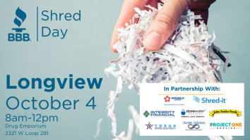 Light blue image showing date of October 4 for document shredding day hosted by BBB in Longview with sponsor logos at bottom right