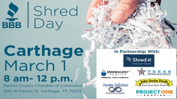 Light blue image showing date of April 26 for document shredding day hosted by BBB in Carthage with sponsor logos at bottom right