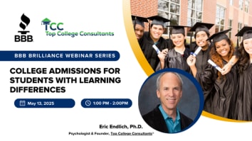 Webinar promotional graphic with organization logos at the top left, webinar information listed below on the left side, and images of students in graduation caps and gowns on the right side. Presenter information is displayed at the bottom right corner.