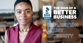 Black woman with magenta top, black long earrings with short haircut, with the sign of the better business campaign logo on the right, with text underneath. 