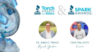 Promotional graphic for the 2025 BBB Torch Awards for Ethics and Spark Awards. At the top, the BBB Torch Awards for Ethics and BBB Spark Awards logos are displayed side by side. Below the logos are circular headshots of two individuals. On the left is Dr. Julien C. Mirivel, labeled "Keynote Speaker," shown smiling in an outdoor setting. On the right is Chris May from KATV, labeled "Emcee," seated in a television studio. The background includes a blue and gray abstract paint texture on the left side.