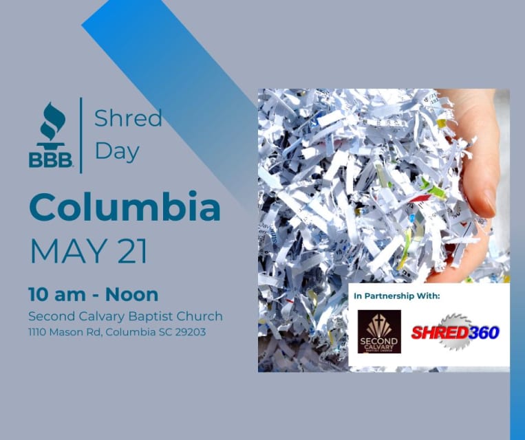 Free Shred Event in Columbia, SC on Wednesday, May 27, 2025 from 10am to noon