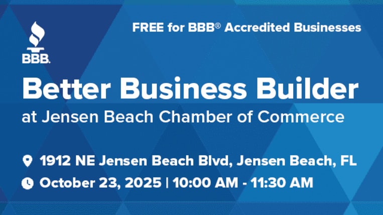 BBB Networking event banner for 10/23 at 9 am at Jensen Beach Chamber of Commerce