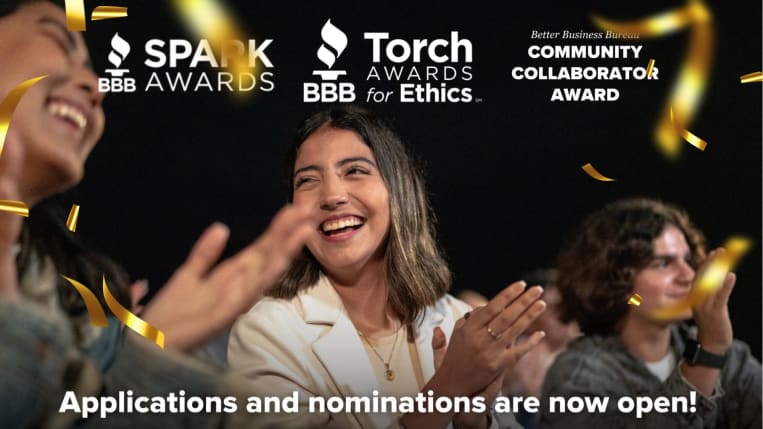 Apply or nominate now! The BBB Torch Awards honor ethical leadership and trust-building across our 24-county region. Application & Nomination window open until September 2, 2025. Learn more by visiting bbb.org/local/1156/torchawards. Celebration to be held at Timber Creek Ballroom in Roseville, CA, on Thursday, November 6, 2025 from 6 to 9 PM. Graphic shows 3 guests clapping in the audience as confetti falls. 