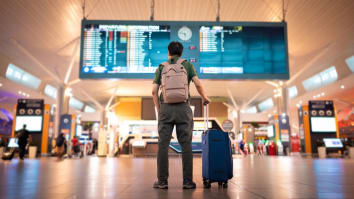 A traveller stands in front of the departures/arrivals screen at a large airport.
